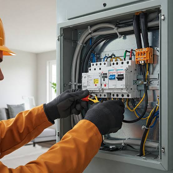 Electrician in gloves testing a breaker panel
