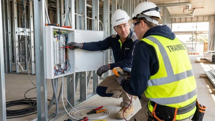 Two electricians installing a panel on a construction site