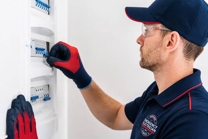 Electrician in gloves switching a breaker in a panel