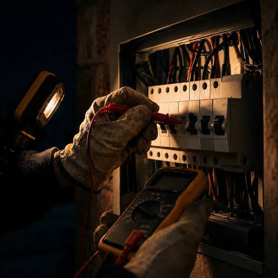 Electrician checking an electrical panel with a flashlight