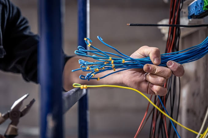Electrician holding bundles of blue and yellow wire